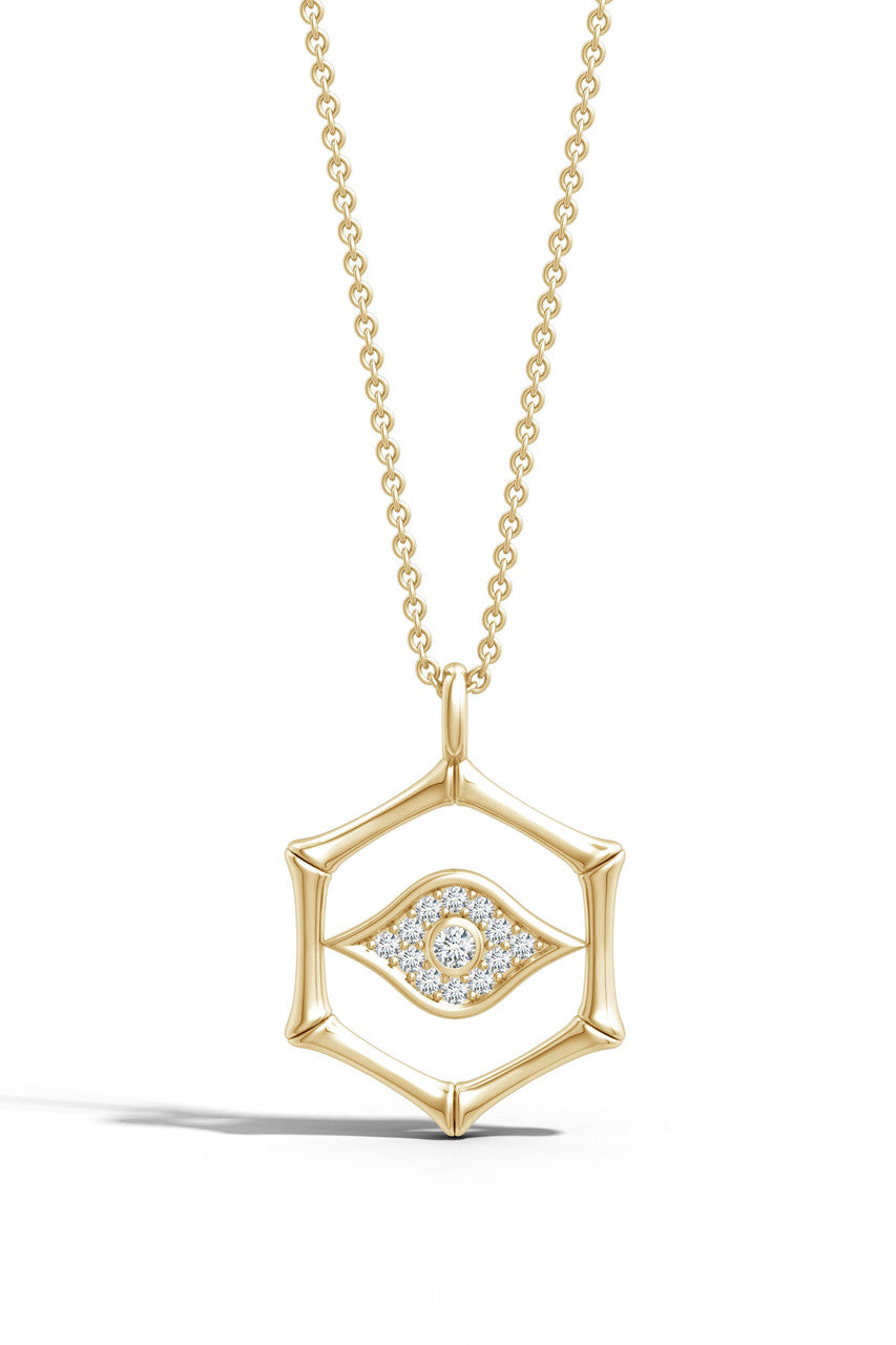 NATORI Buy Indochine Spirit 14k Evil Eye Bamboo Hexagon Frame Diamond Necklace in 14K Yellow Gold Online