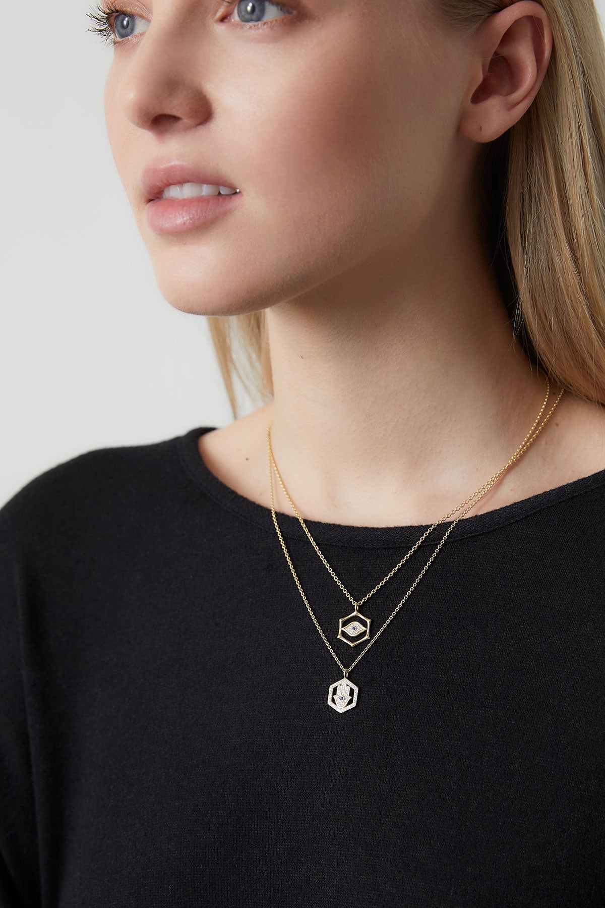 NATORI Buy Indochine Spirit 14k Evil Eye Bamboo Hexagon Frame Diamond Necklace in 14K Yellow Gold Online