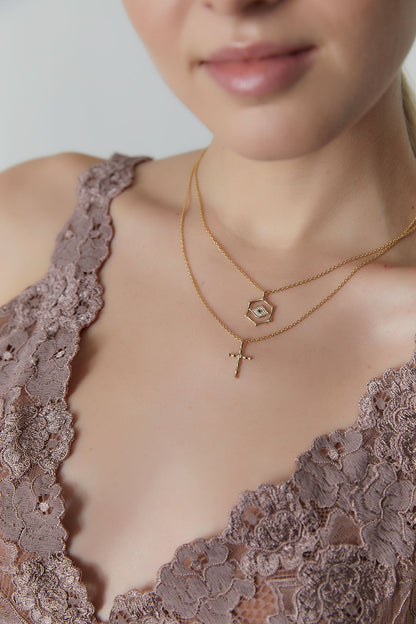 NATORI Buy Indochine Spirit 14k Evil Eye Bamboo Hexagon Frame Diamond Necklace in 14K Yellow Gold Online