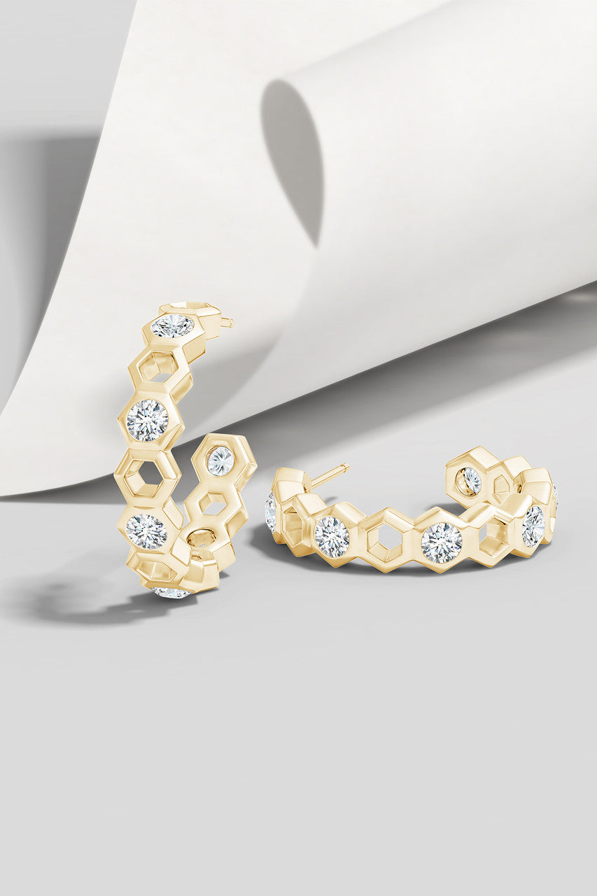 NATORI Buy Indochine 14k Small Alternate Stacked Hexagon Diamond Hoop Earrings in 14K Yellow Gold Online