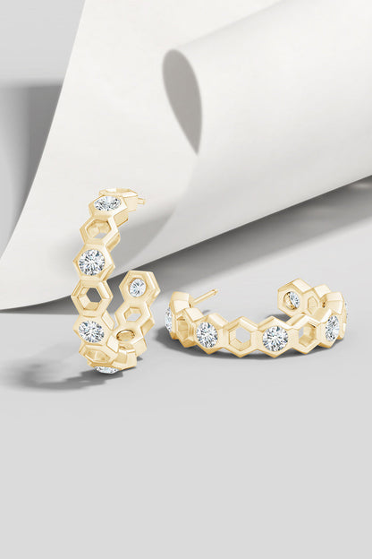 NATORI Buy Indochine 14k Small Alternate Stacked Hexagon Diamond Hoop Earrings in 14K Yellow Gold Online