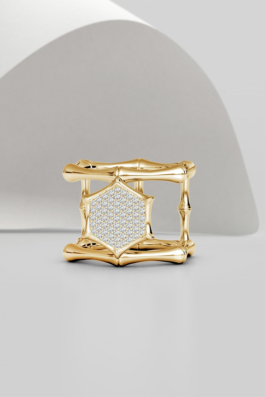 NATORI Buy Indochine 14k Pave Diamond Hexagon Center Double Bamboo Band Cocktail Ring in 14K Yellow Gold Online