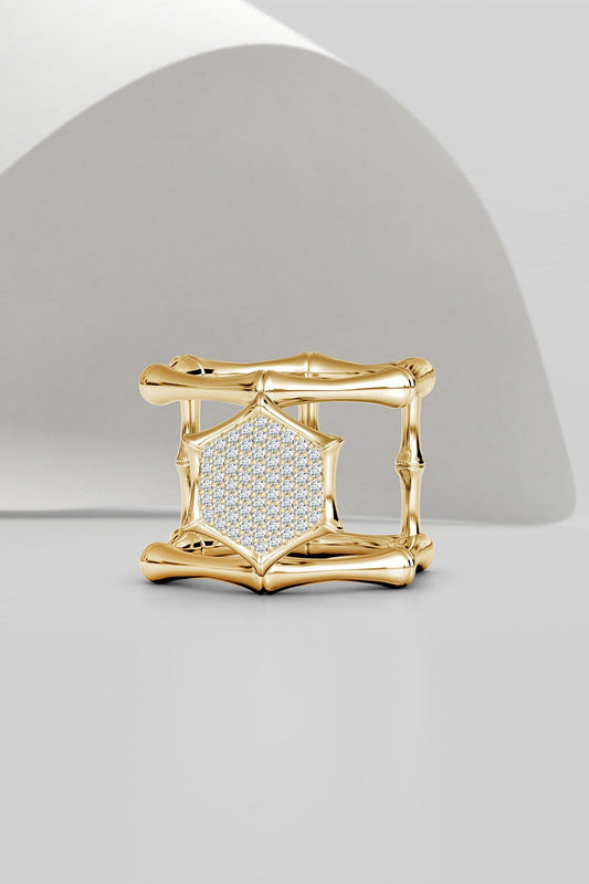 NATORI Buy Indochine 14k Pave Diamond Hexagon Center Double Bamboo Band Cocktail Ring in 14K Yellow Gold Online