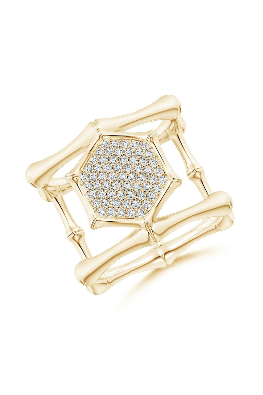 NATORI Buy Indochine 14k Pave Diamond Hexagon Center Double Bamboo Band Cocktail Ring in 14K Yellow Gold Online