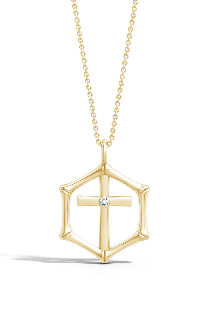 NATORI Buy Indochine Spirit 14k Bamboo Frame Cross Diamond Pendant Necklace in 14K Yellow Gold Online