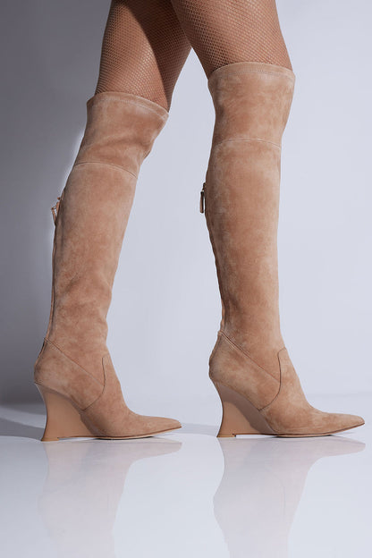 NATORI Buy Natsu Stretch Suede Over the Knee Wedge Boot in Doe Online