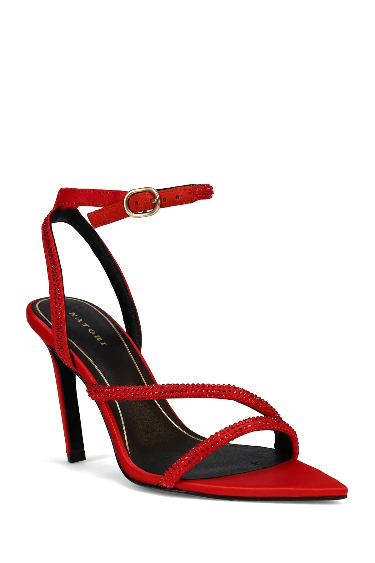 NATORI Buy Reiki Satin Embellished Ankle Strap Heel in Brocade Red Online