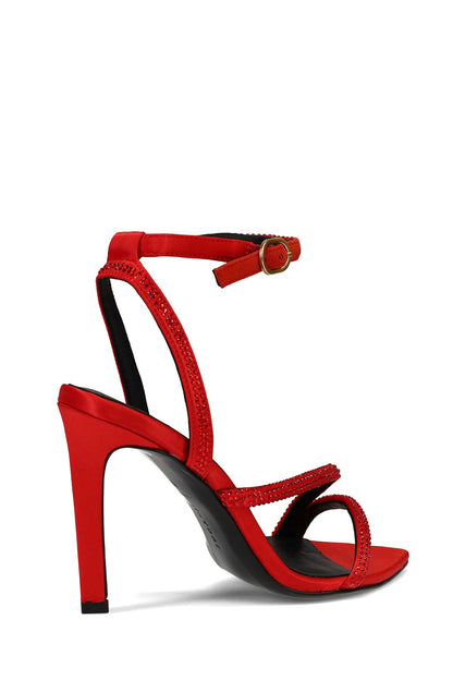 NATORI Buy Reiki Satin Embellished Ankle Strap Heel in Brocade Red Online