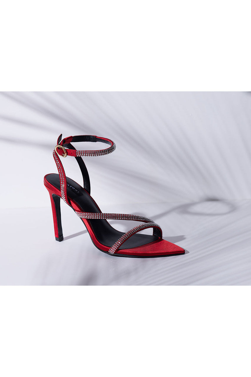 NATORI Buy Reiki Satin Embellished Ankle Strap Heel in Brocade Red Online