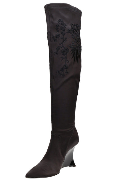 NATORI Buy Natsu Satin Embroidered Dragon Stretch Over the Knee Boot in Black Online