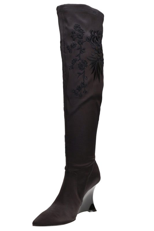 NATORI Buy Natsu Satin Embroidered Dragon Stretch Over the Knee Boot in Black Online