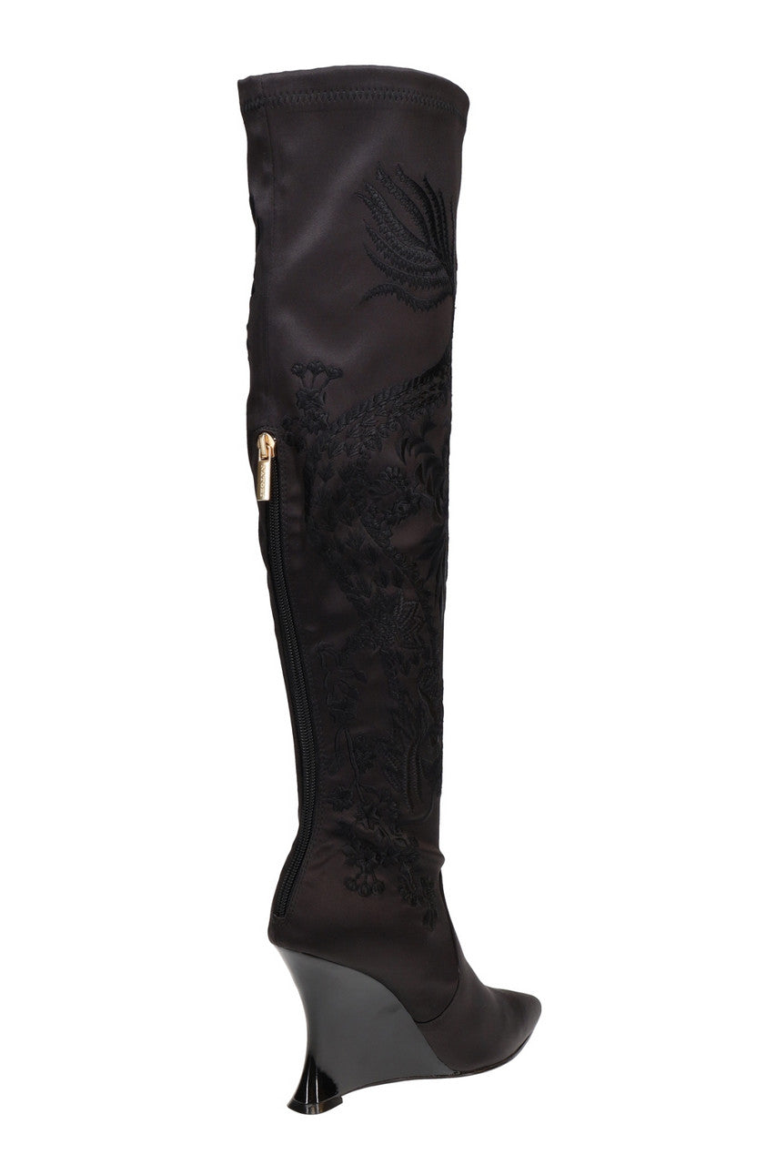 NATORI Buy Natsu Satin Embroidered Dragon Stretch Over the Knee Boot in Black Online