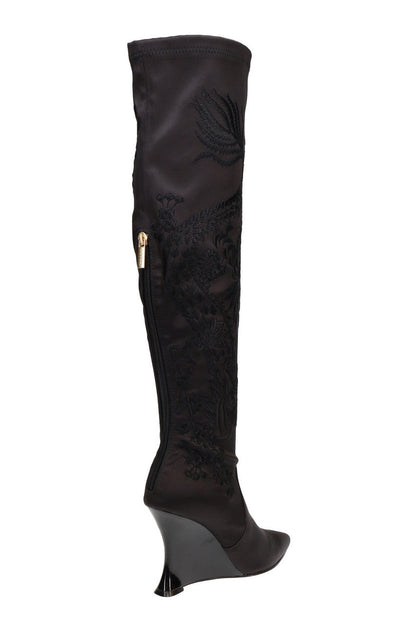 NATORI Buy Natsu Satin Embroidered Dragon Stretch Over the Knee Boot in Black Online