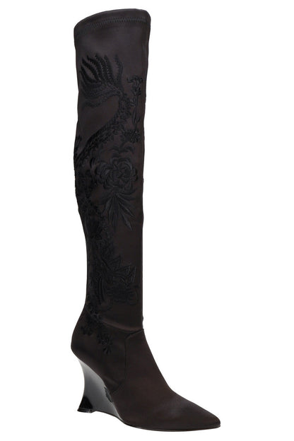 NATORI Buy Natsu Satin Embroidered Dragon Stretch Over the Knee Boot in Black Online