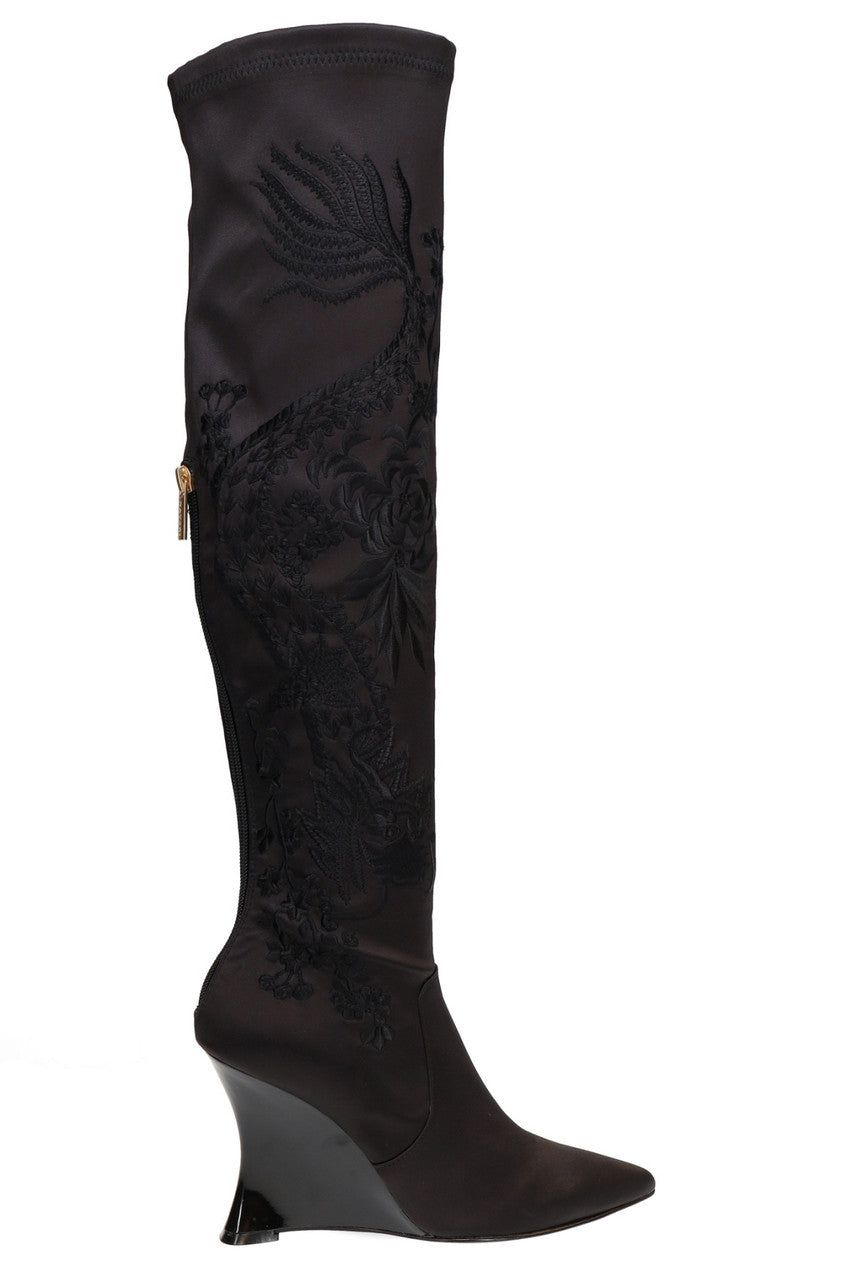 NATORI Buy Natsu Satin Embroidered Dragon Stretch Over the Knee Boot in Black Online