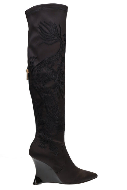 NATORI Buy Natsu Satin Embroidered Dragon Stretch Over the Knee Boot in Black Online