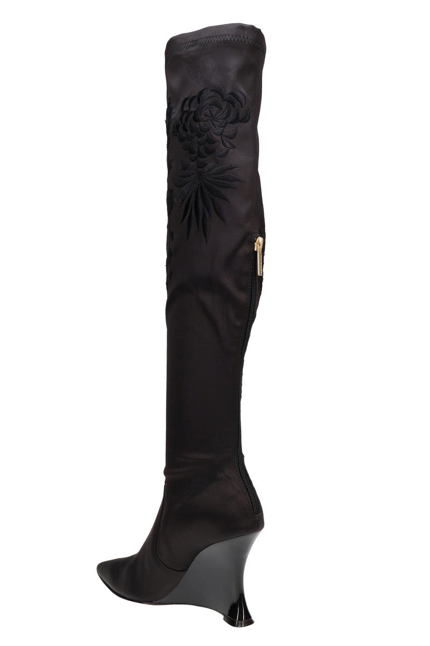 NATORI Buy Natsu Satin Embroidered Dragon Stretch Over the Knee Boot in Black Online