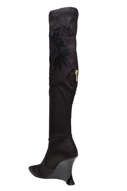 NATORI Buy Natsu Satin Embroidered Dragon Stretch Over the Knee Boot in Black Online