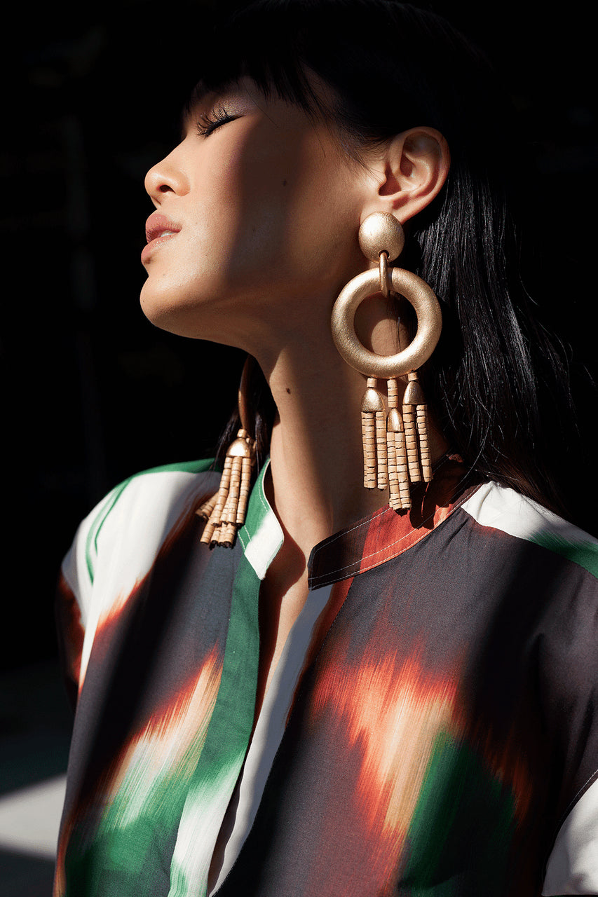 NATORI Buy Acacia Wood Gold Fringe Beaded Earrings in Antique Gold Online