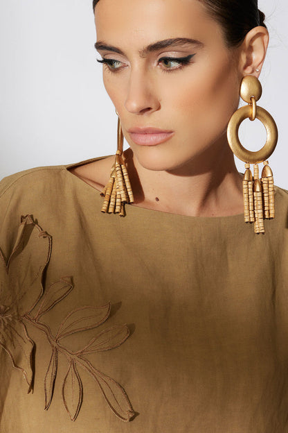 NATORI Buy Acacia Wood Gold Fringe Beaded Earrings in Antique Gold Online