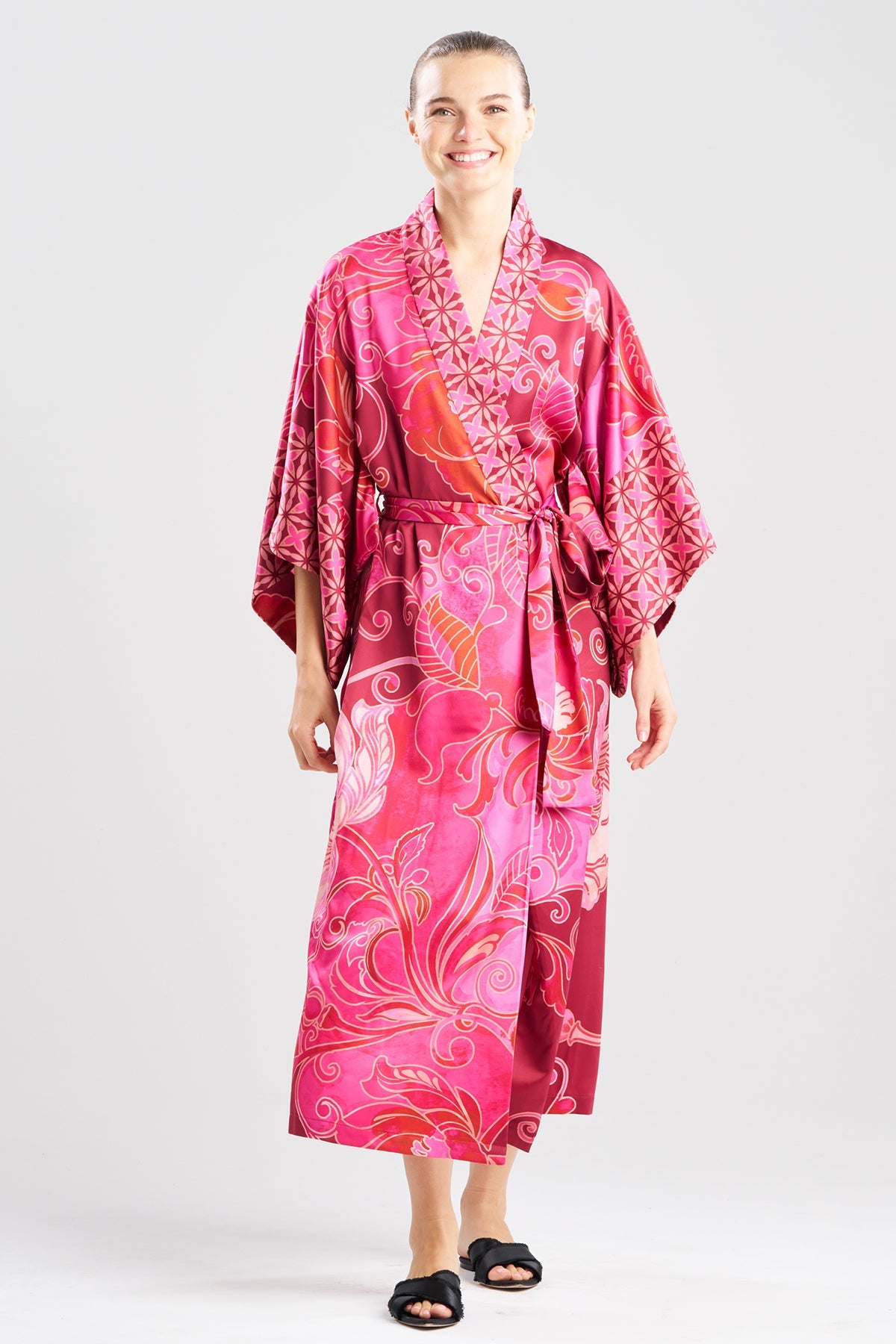 NATORI Deco Printed Charmeuse Kimono Robe