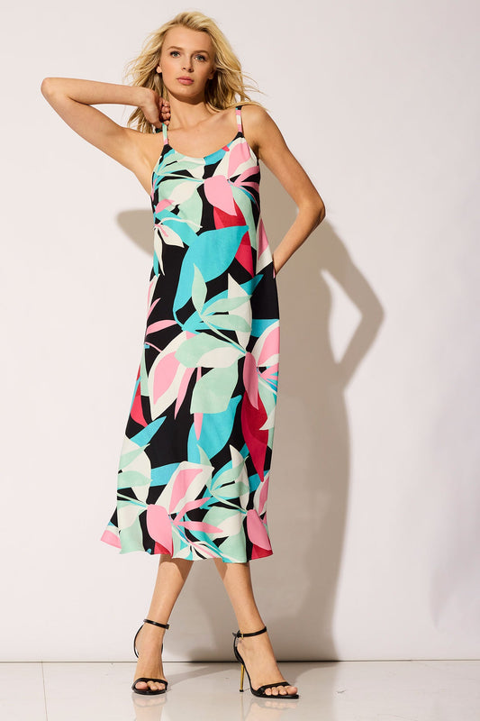 NATORI Abstract Palm Printed Satin Slip Dress