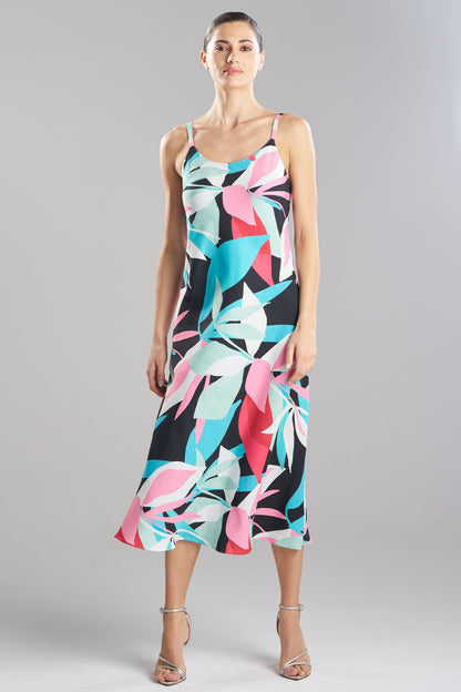 NATORI Abstract Palm Printed Satin Slip Dress