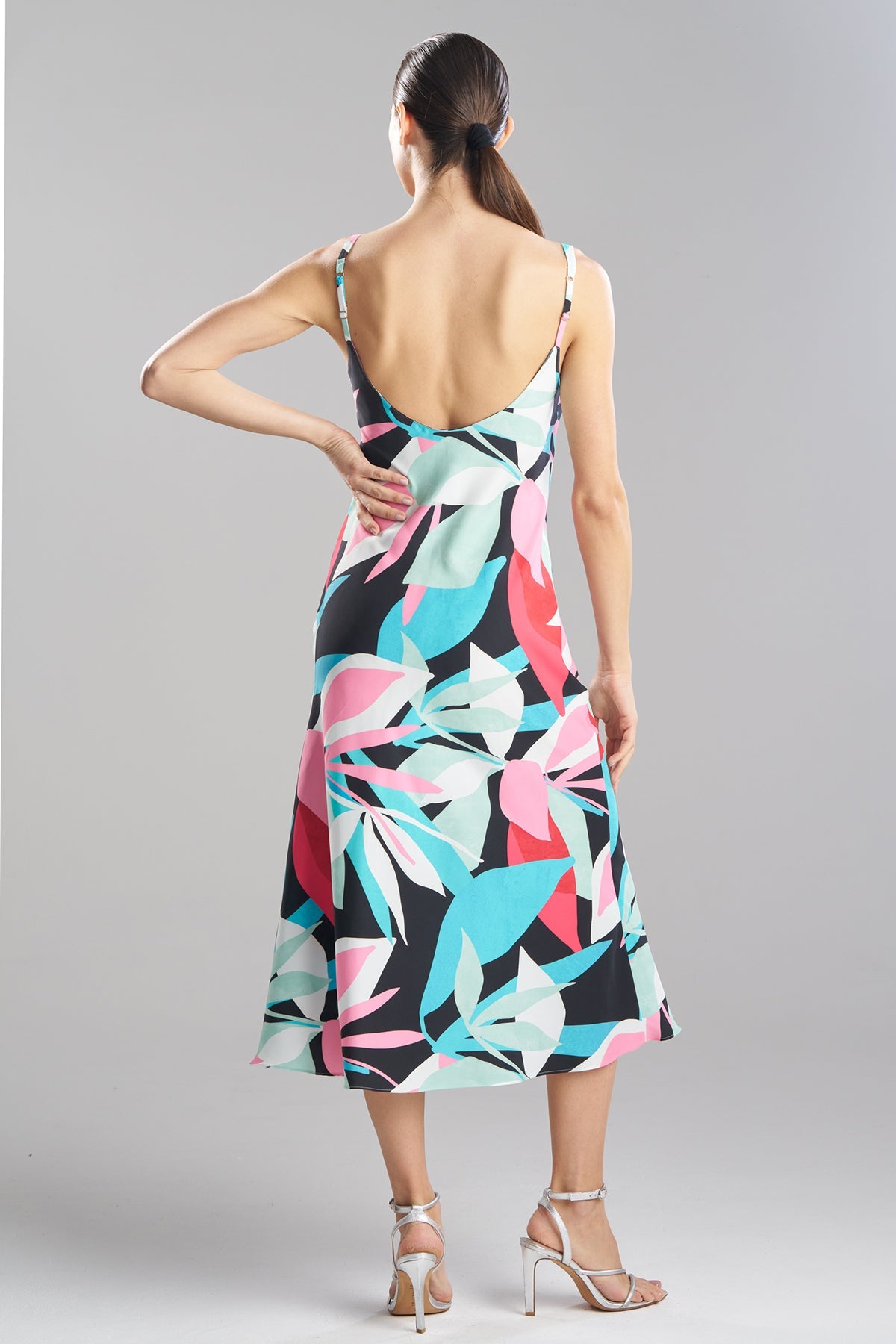 NATORI Abstract Palm Printed Satin Slip Dress