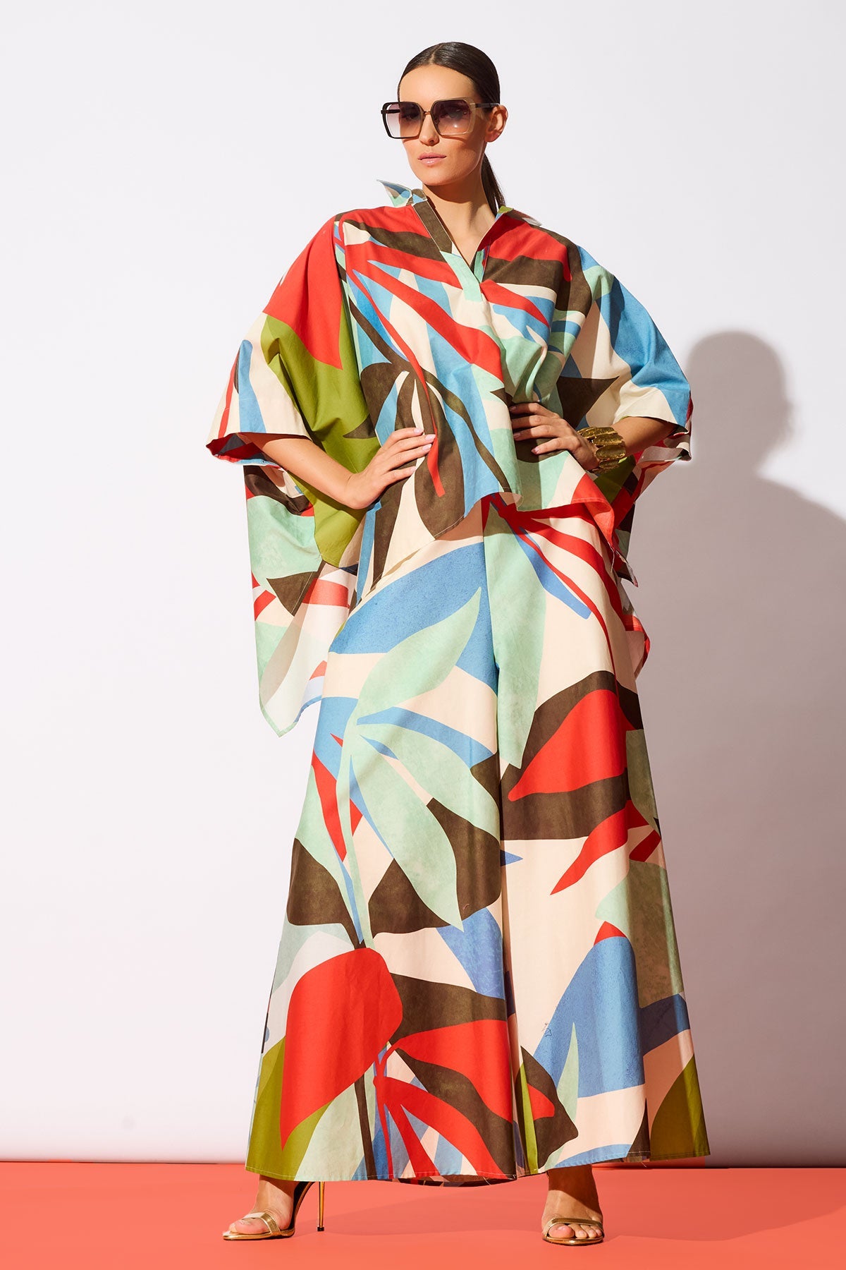 NATORI Abstract Palm Cotton Poplin Oversized Caftan Top