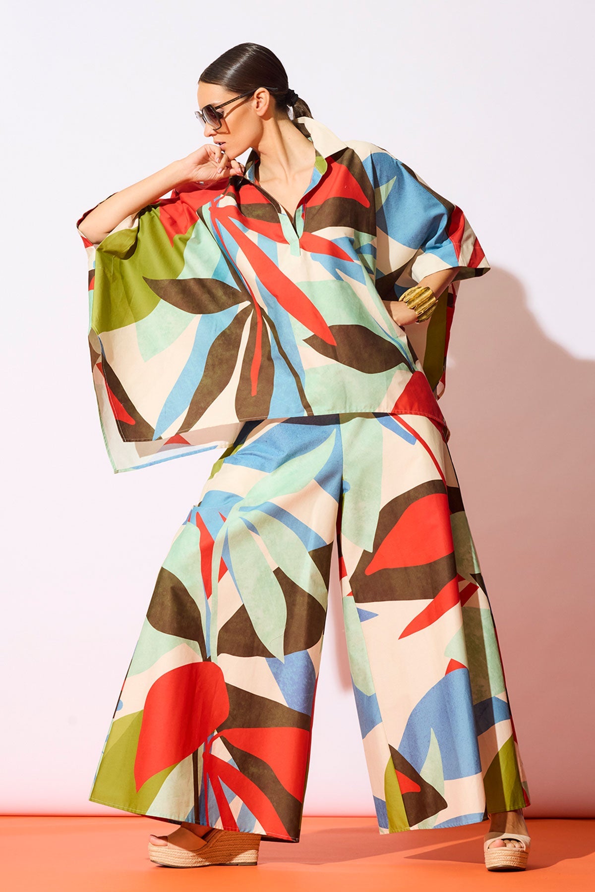 NATORI Abstract Palm Cotton Poplin Oversized Caftan Top