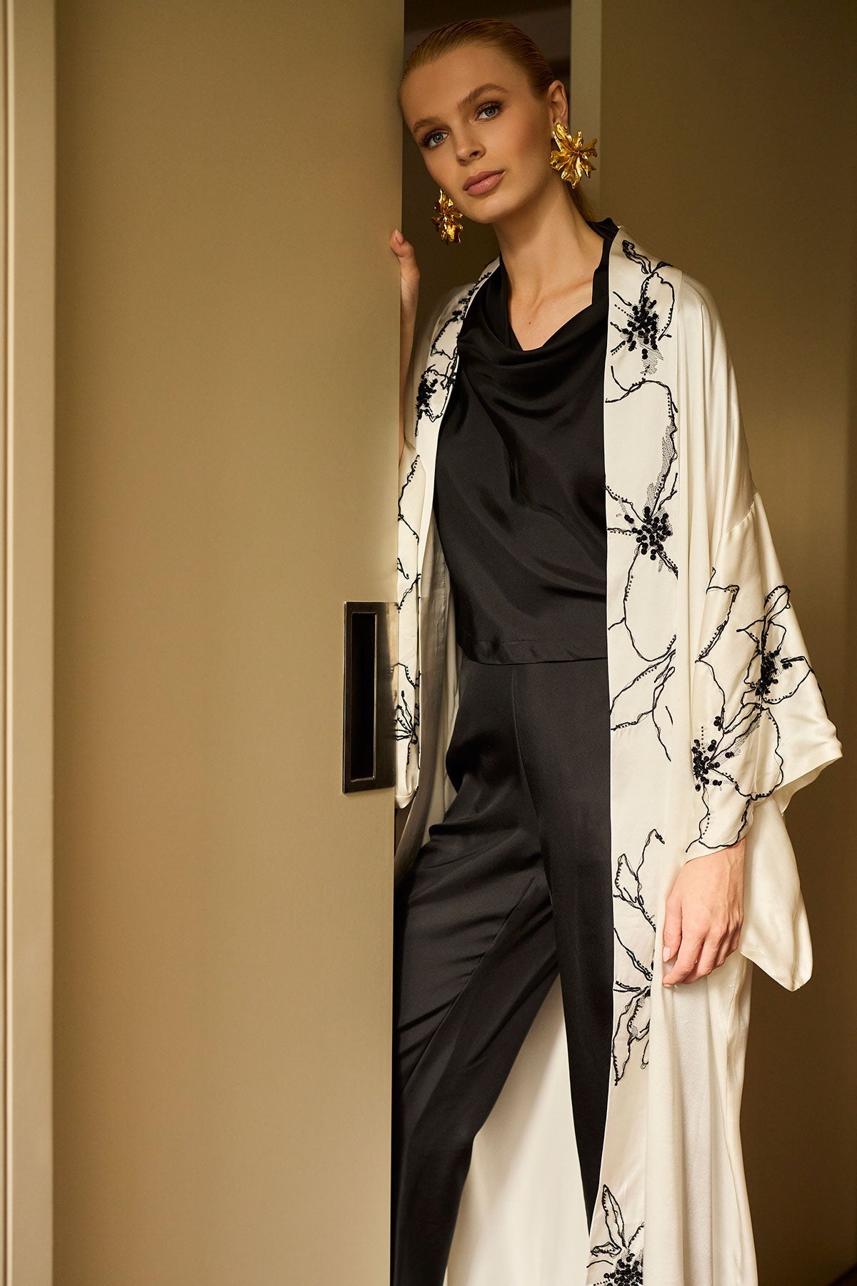 NATORI Solid Silk Twill Cowl Neck Top
