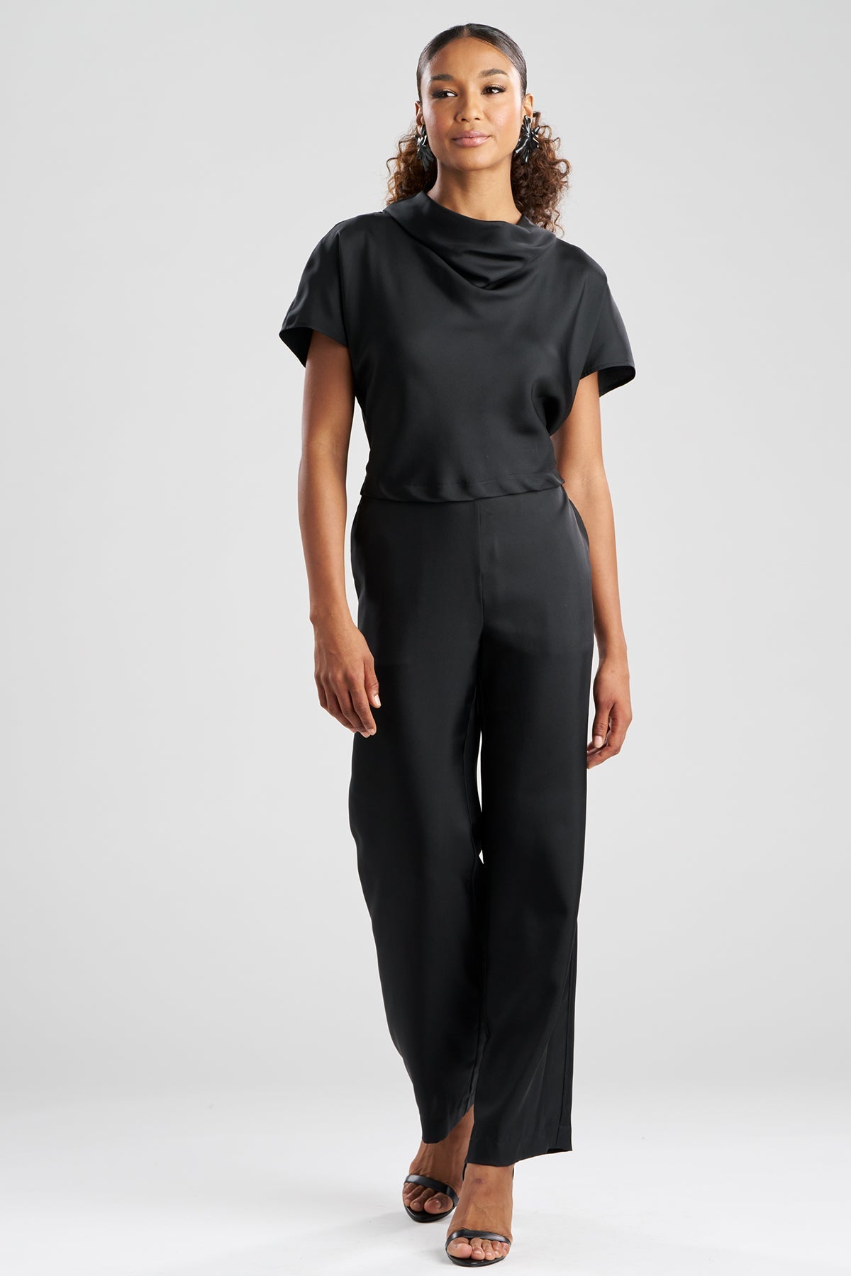 NATORI Solid Silk Twill Cowl Neck Top