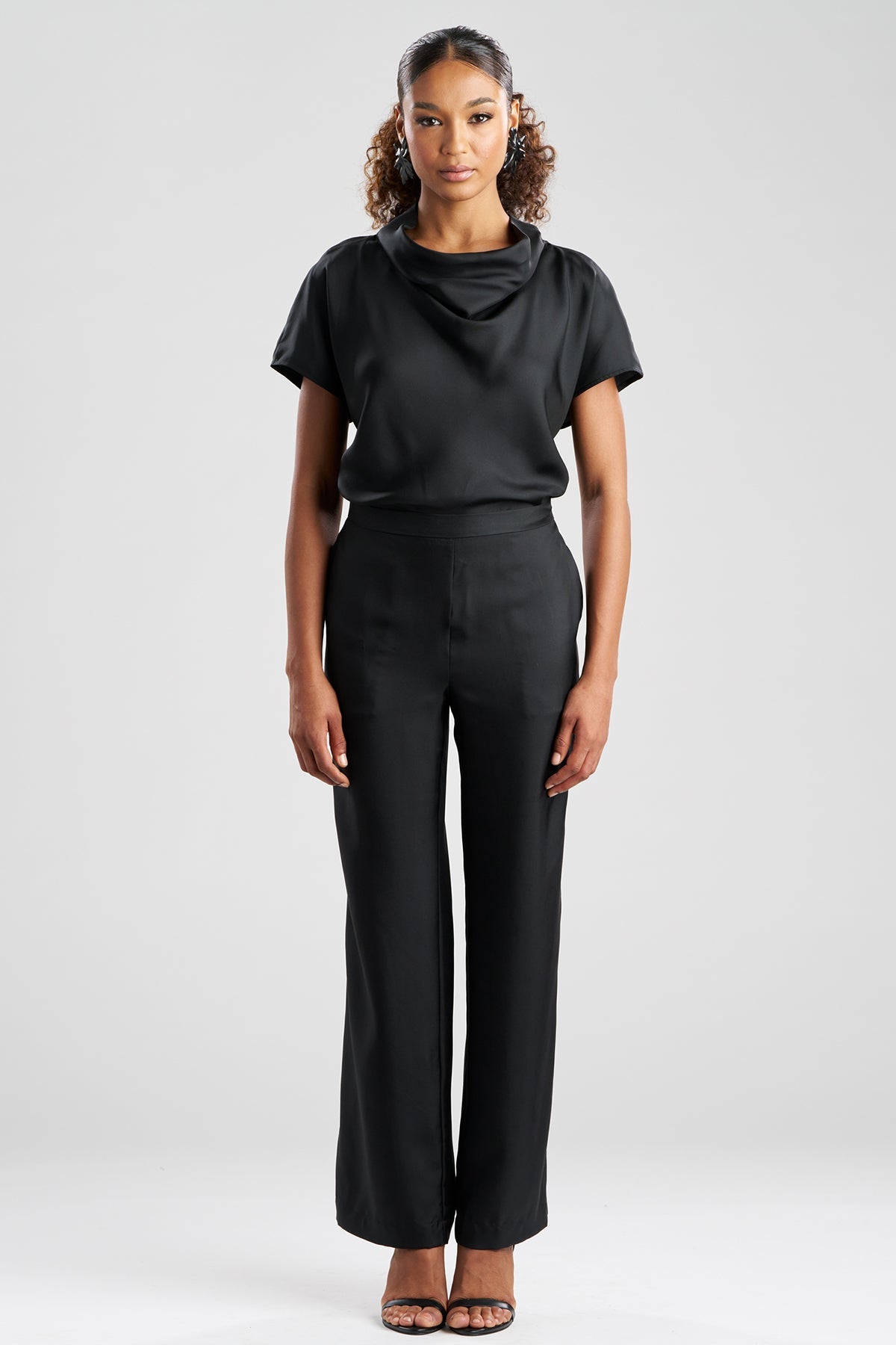 NATORI Solid Silk Twill Pull On Straight Leg Pants