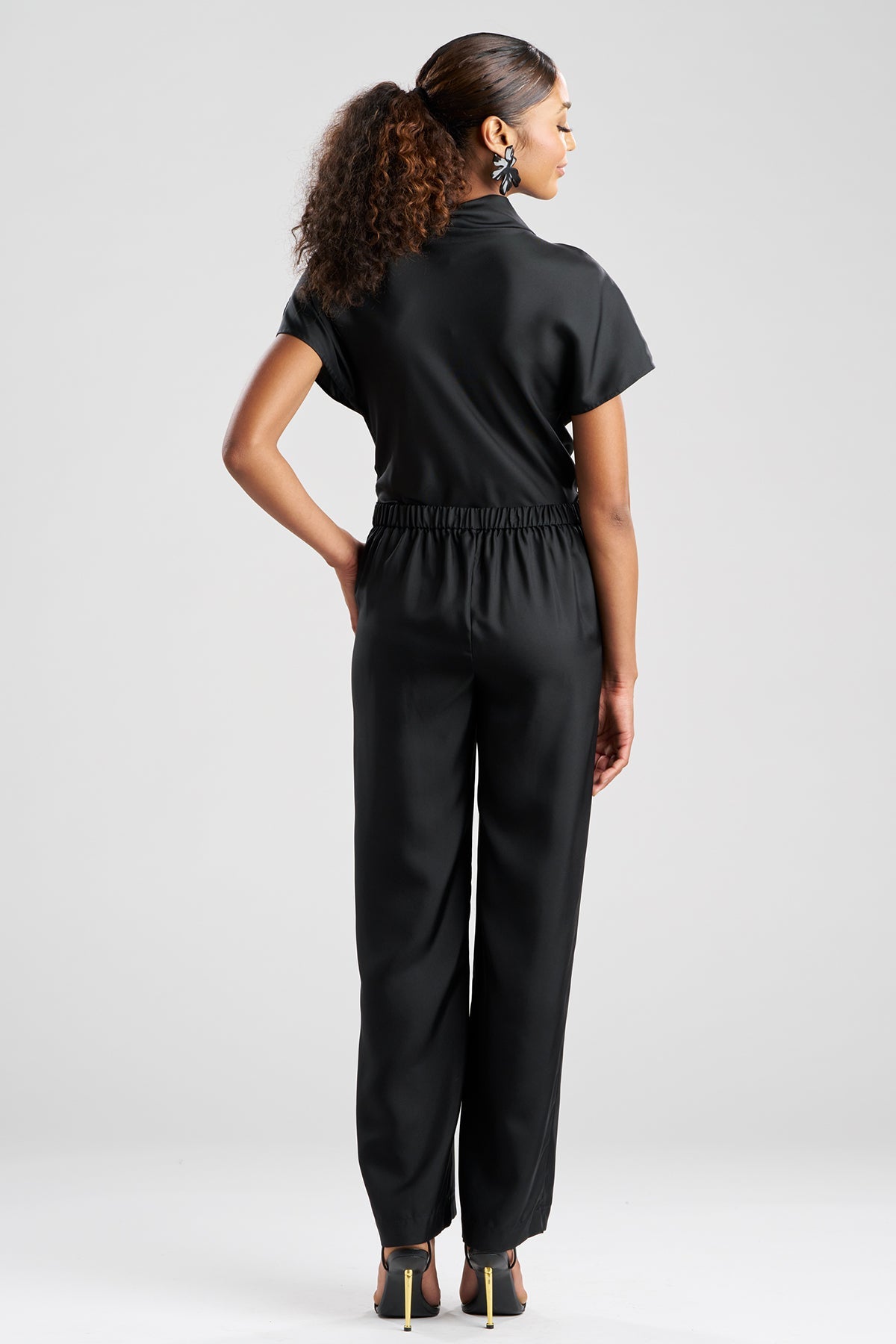 NATORI Solid Silk Twill Pull On Straight Leg Pants