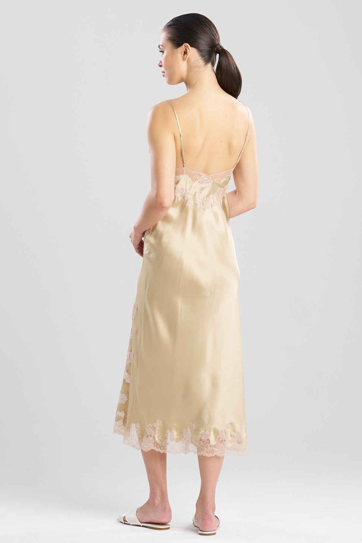 NATORI Lolita Lace Slit Silk Slip Dress
