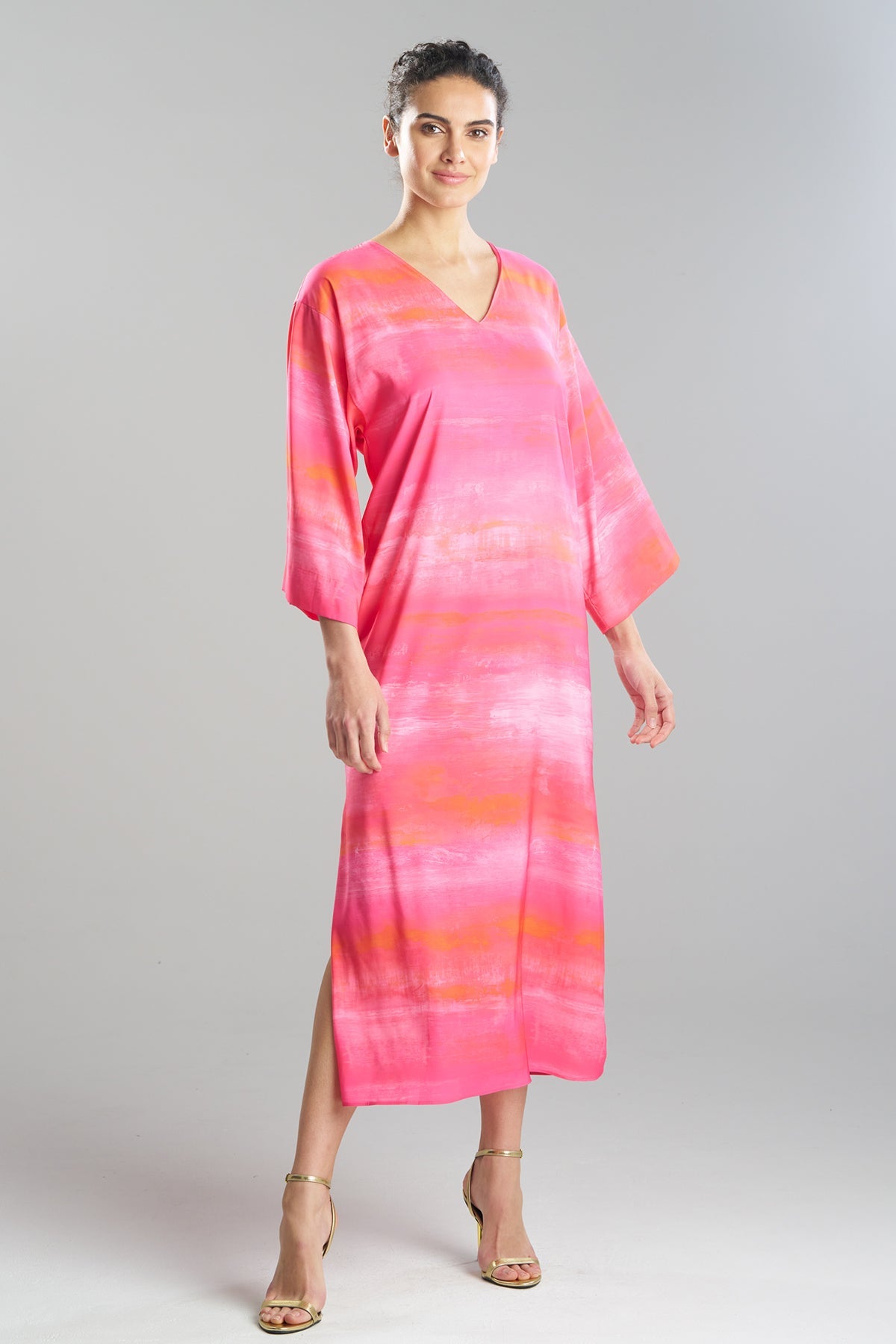 NATORI Aurora Printed Satin Slim Caftan