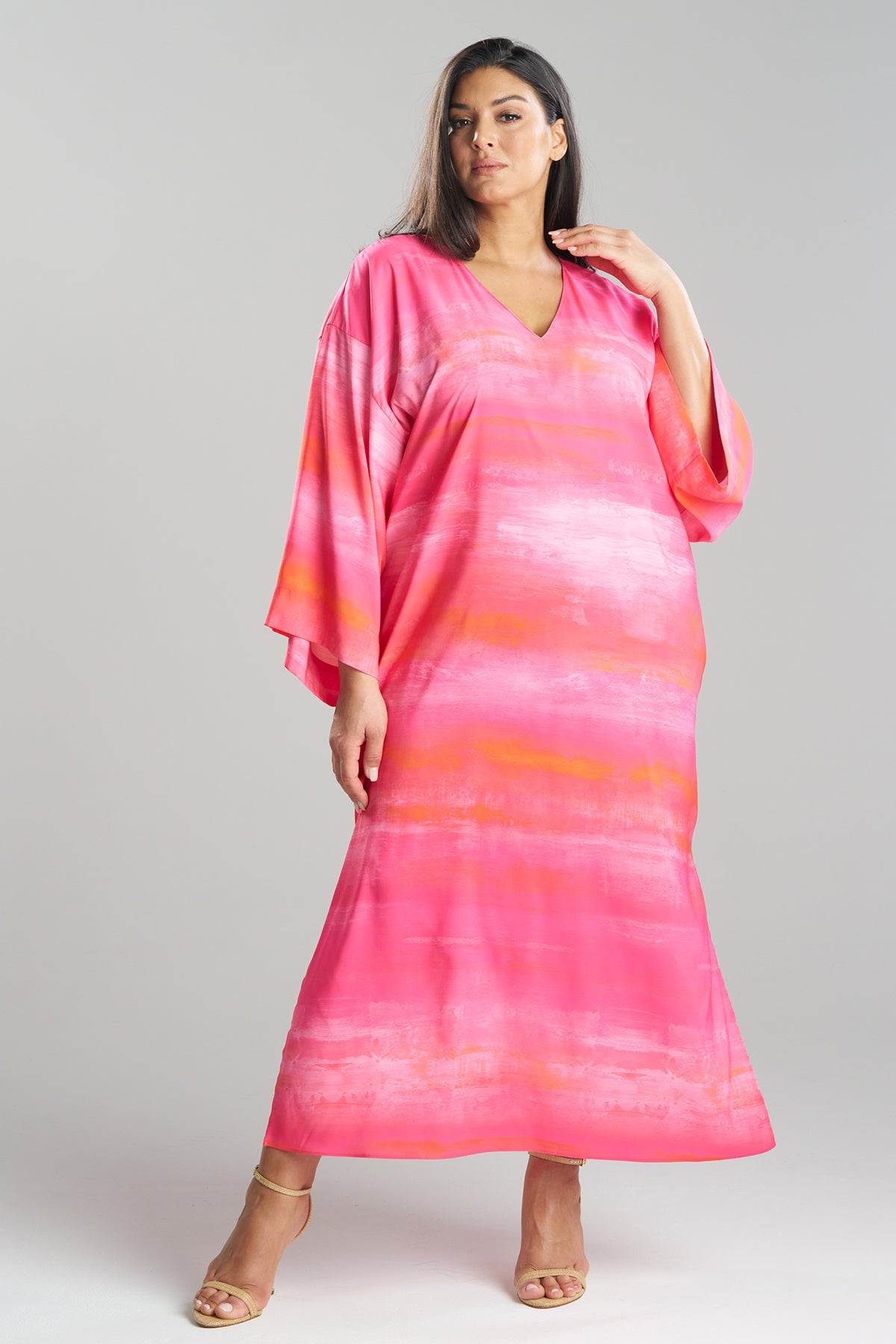 NATORI Aurora Printed Satin Slim Caftan