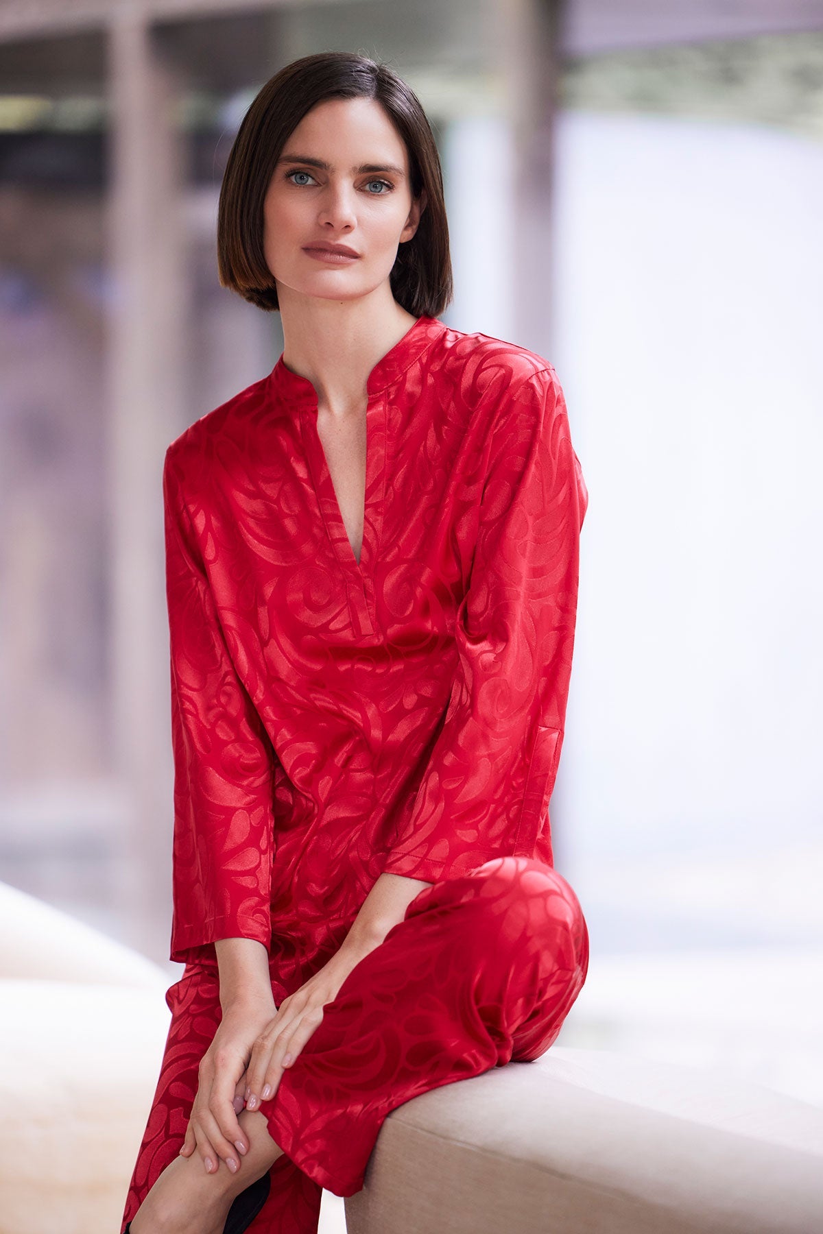 NATORI Scroll Satin Jacquard Long Sleeve PJ