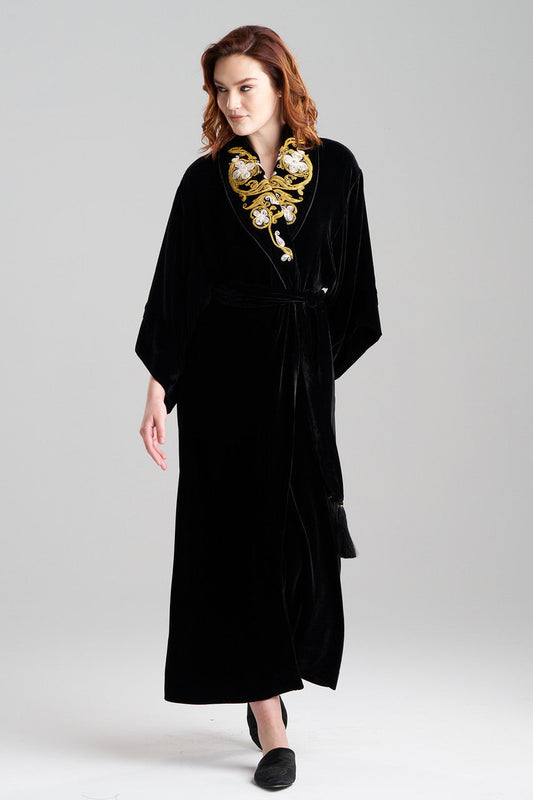 NATORI Buy Velvet Embroidered Shawl Collar Robe in Black Online