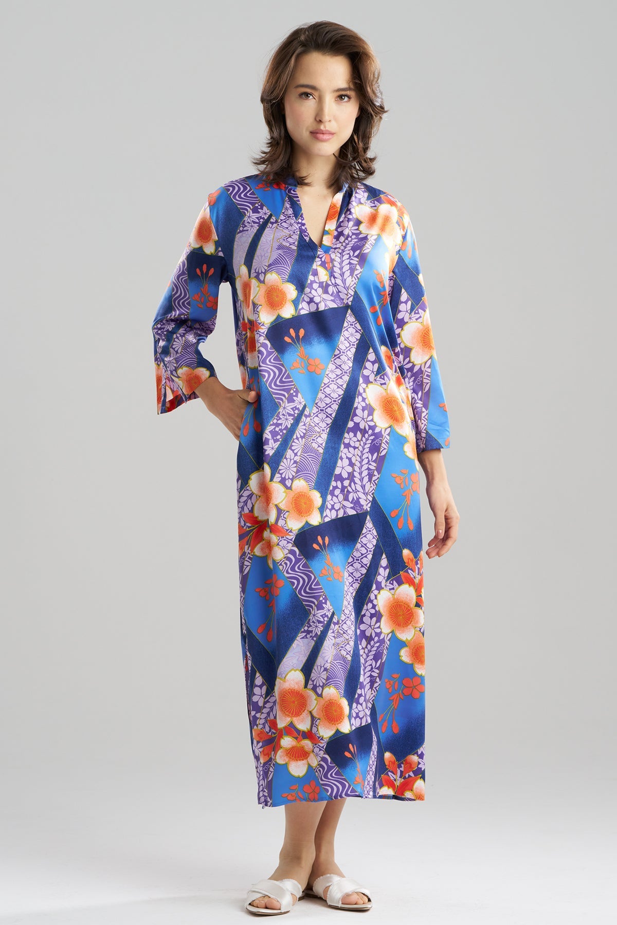 NATORI Magnolia Printed Satin Mandarin Caftan