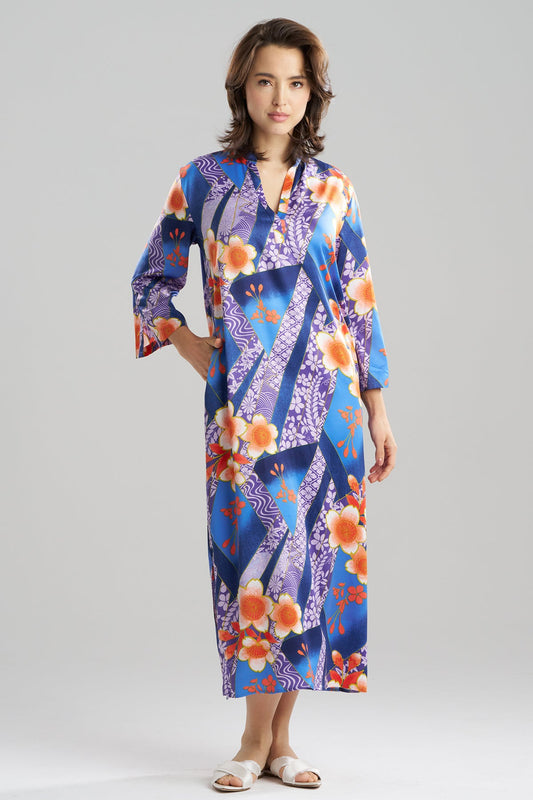NATORI Magnolia Printed Satin Mandarin Caftan