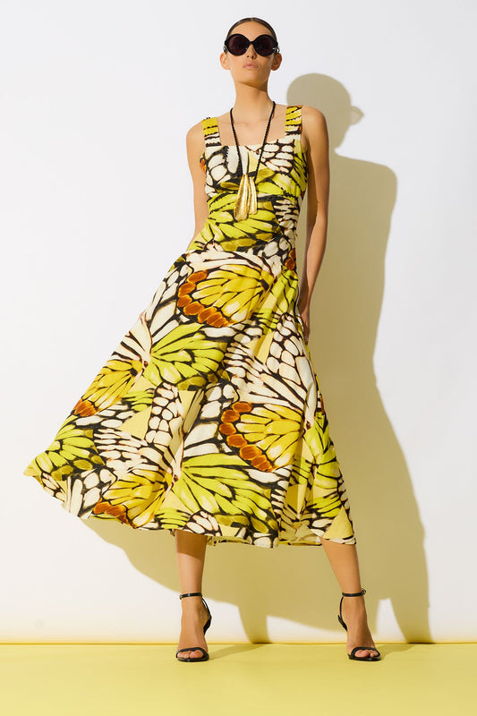 NATORI Butterfly Linen Blend Beaded Midi Sundress