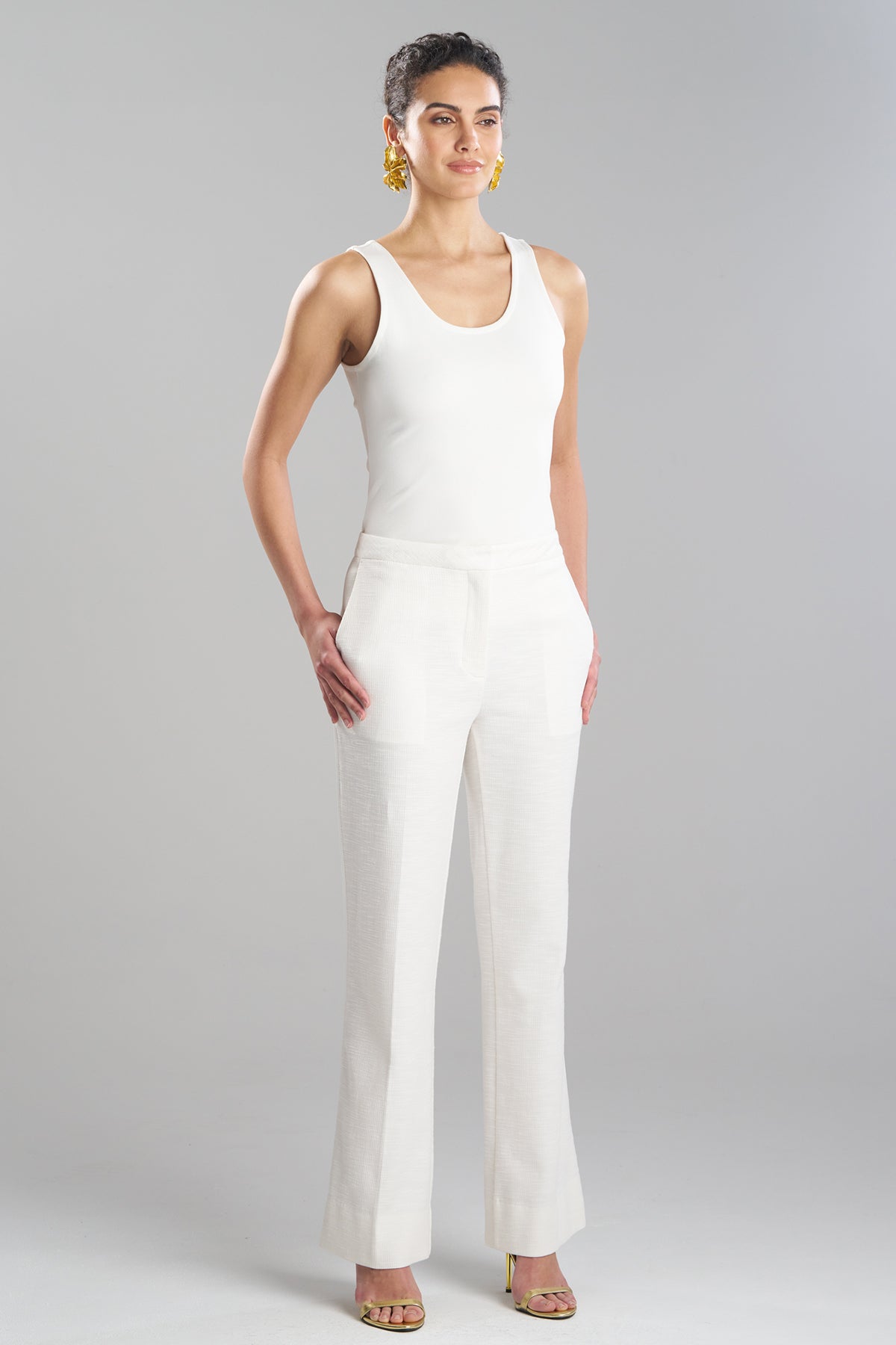 NATORI Stretch Basketweave Cotton Flare Leg Zip Pants