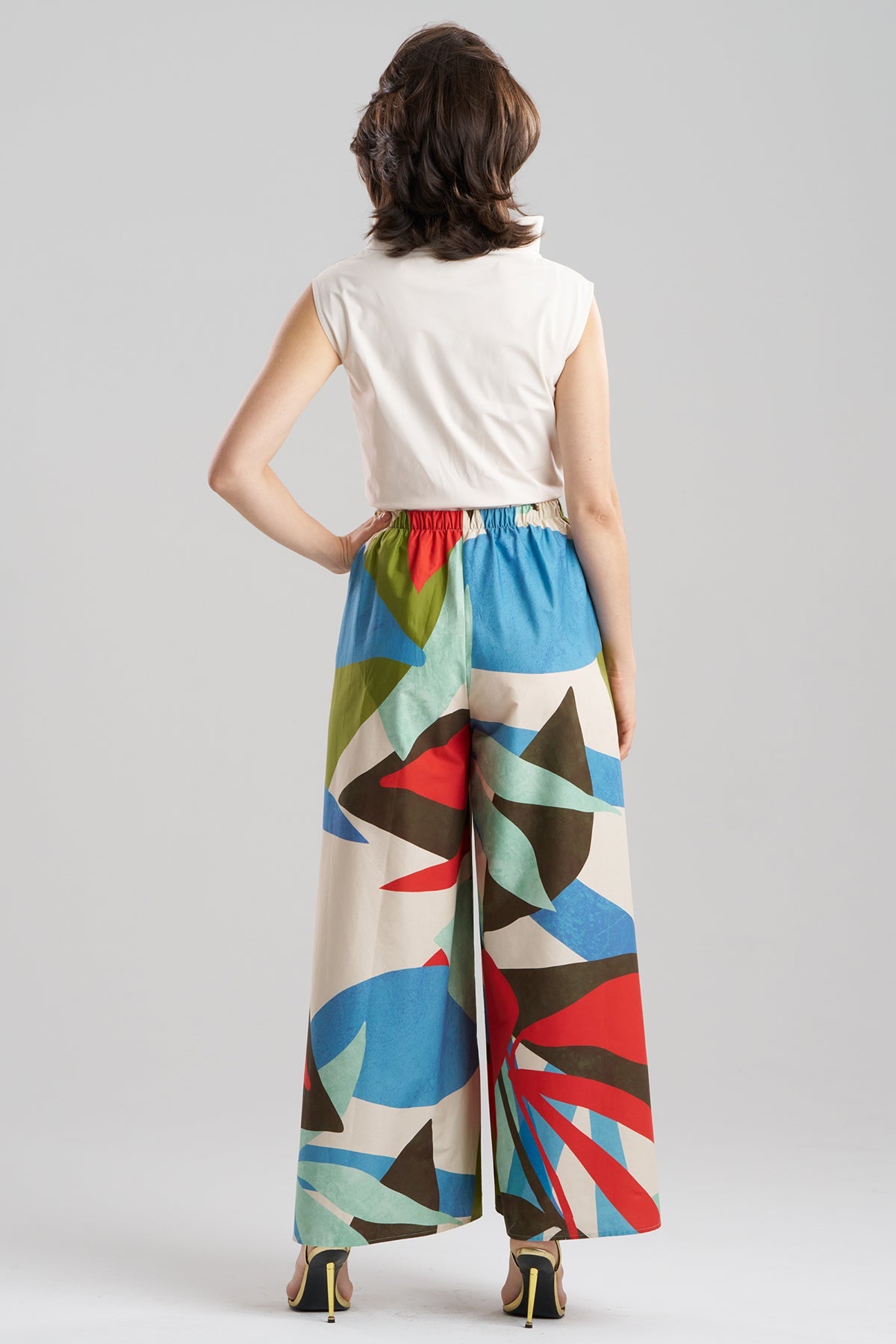 NATORI Abstract Palm Cotton Poplin Pull On Palazzo Pants