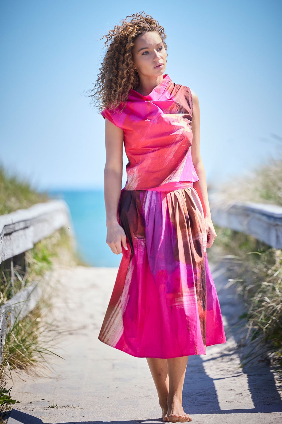 NATORI Brushstroke Cotton Taffeta Pull On Midi Skirt