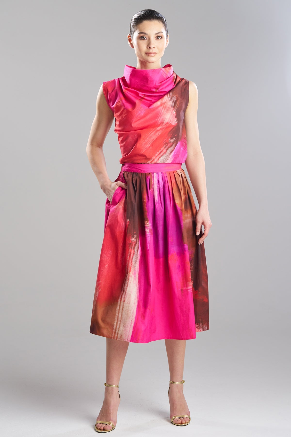 NATORI Brushstroke Cotton Taffeta Pull On Midi Skirt