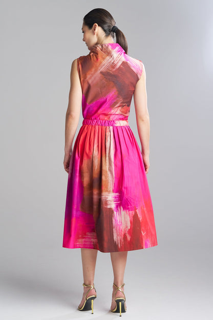NATORI Brushstroke Cotton Taffeta Pull On Midi Skirt
