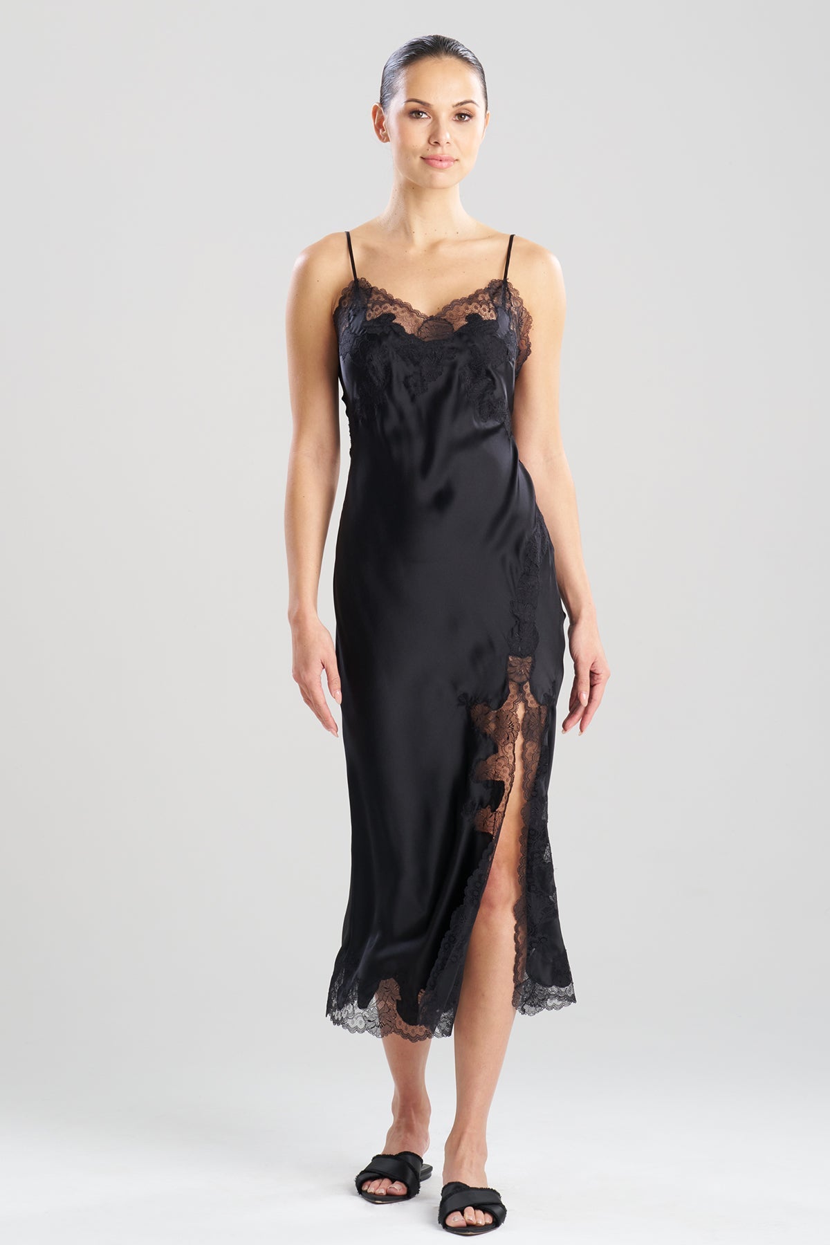 NATORI Lolita Lace Slit Silk Slip Dress