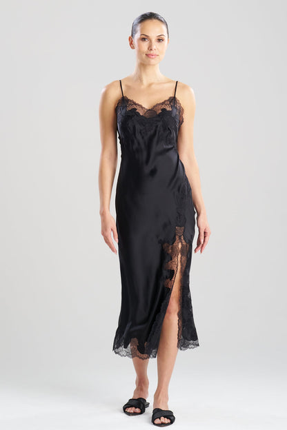 NATORI Lolita Lace Slit Silk Slip Dress