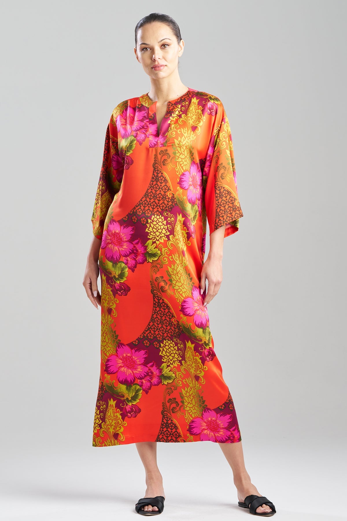 NATORI Harvest Printed Satin Slim Caftan